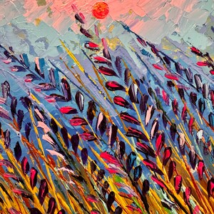 May include: Abstract painting of a field of tall grass with a bright orange sun in the background. The grass is painted in shades of yellow, blue, purple, and pink.
