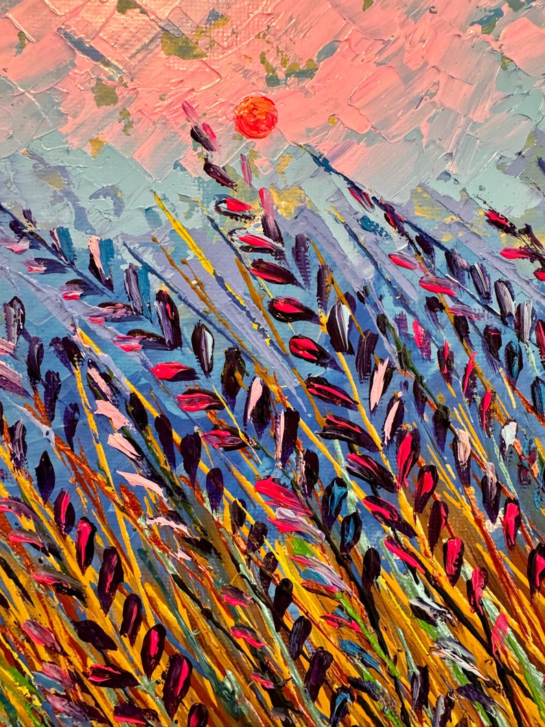 May include: Abstract painting of a field of tall grass with a bright orange sun in the background. The grass is painted in shades of yellow, blue, purple, and pink.