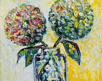hydrangea painting, original oil painting, painting with flowers, flowers in a vase, impasto painting, hydrangea in a vase, wall art