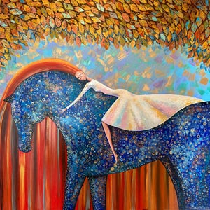 Girl on Horseback Painting Redhead Girl Original Artwork 32&quot; by 32&quot; Large Painting Golden Starry Sky Fantasy Wall Art by FineartNatasha