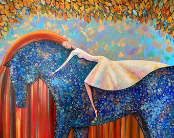 Girl on Horseback Painting Redhead Girl Original Artwork 32" by 32" Large Painting Golden Starry Sky Fantasy Wall Art by FineartNatasha