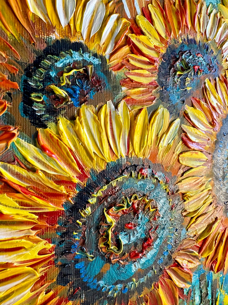 sunflowers painting, original painting, oil painting, painting with flowers, field with sunflowers, sunflowers in the field, small wall art image 9