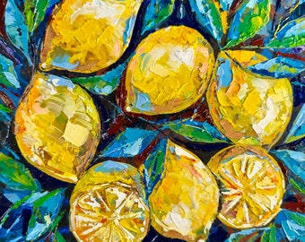 handmade painting, painting with lemons, lemons on a tree, painting with fruits, juicy lemons, painting for the kitchen, original painting