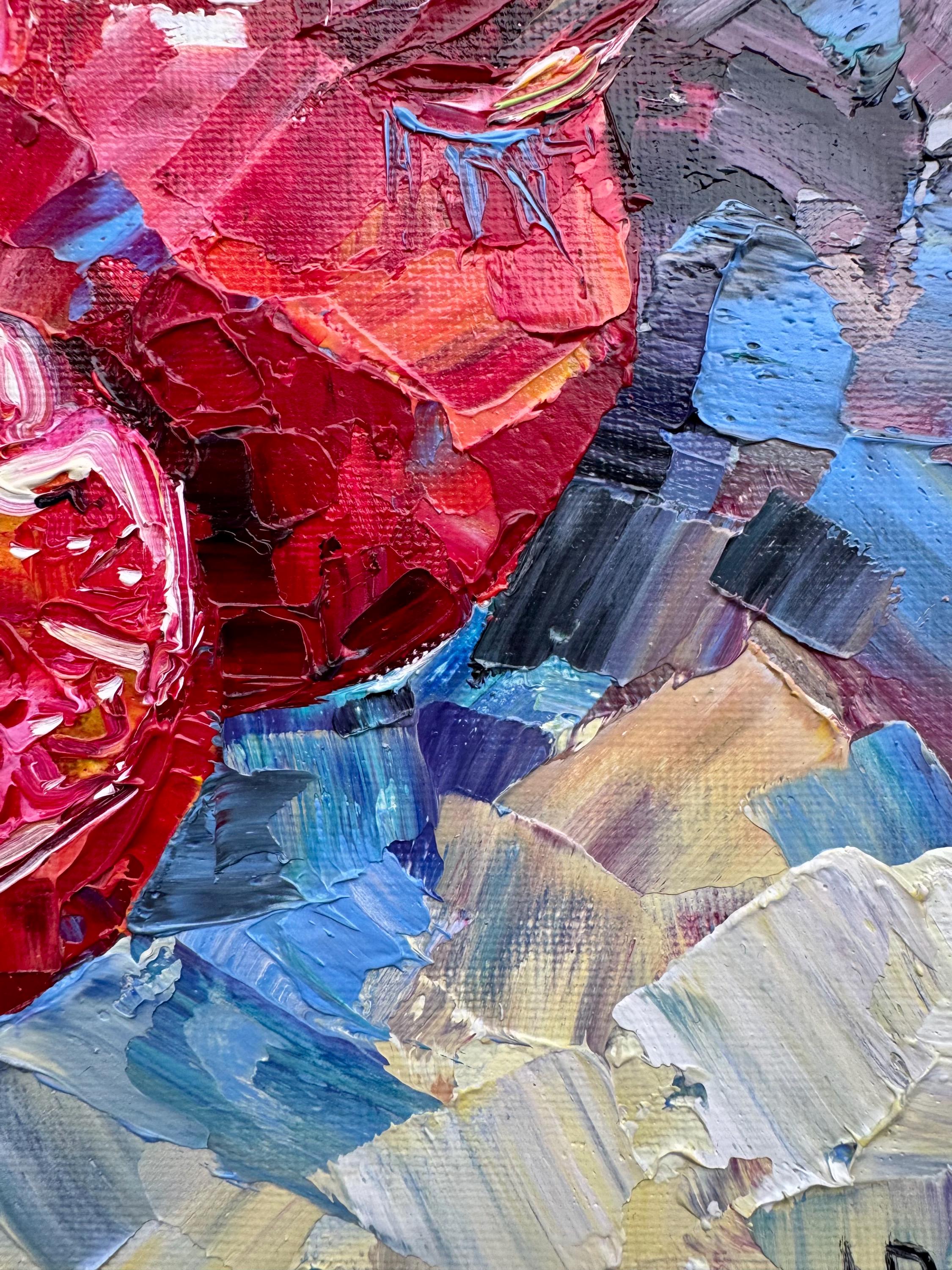 オリジナルのザクロ油絵 8x8 赤い果物の静物画、小さな正方形の