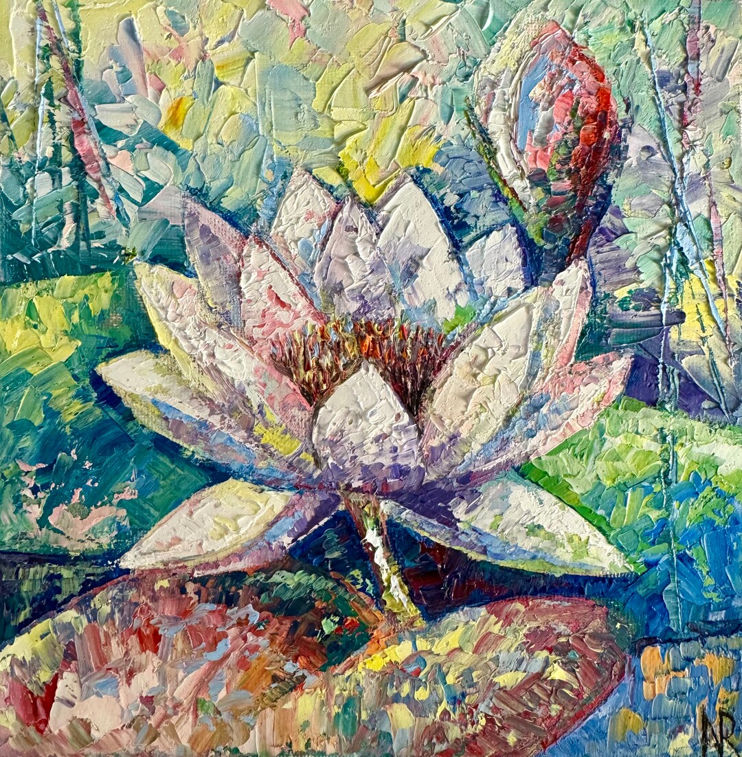 Water Lilies Painting Original Oil Artwork 8x8 Flowers Painting Impasto ...