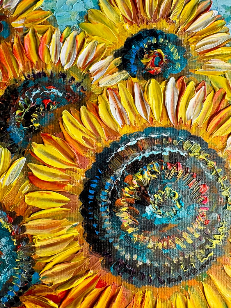sunflowers painting, original painting, oil painting, painting with flowers, field with sunflowers, sunflowers in the field, small wall art image 4