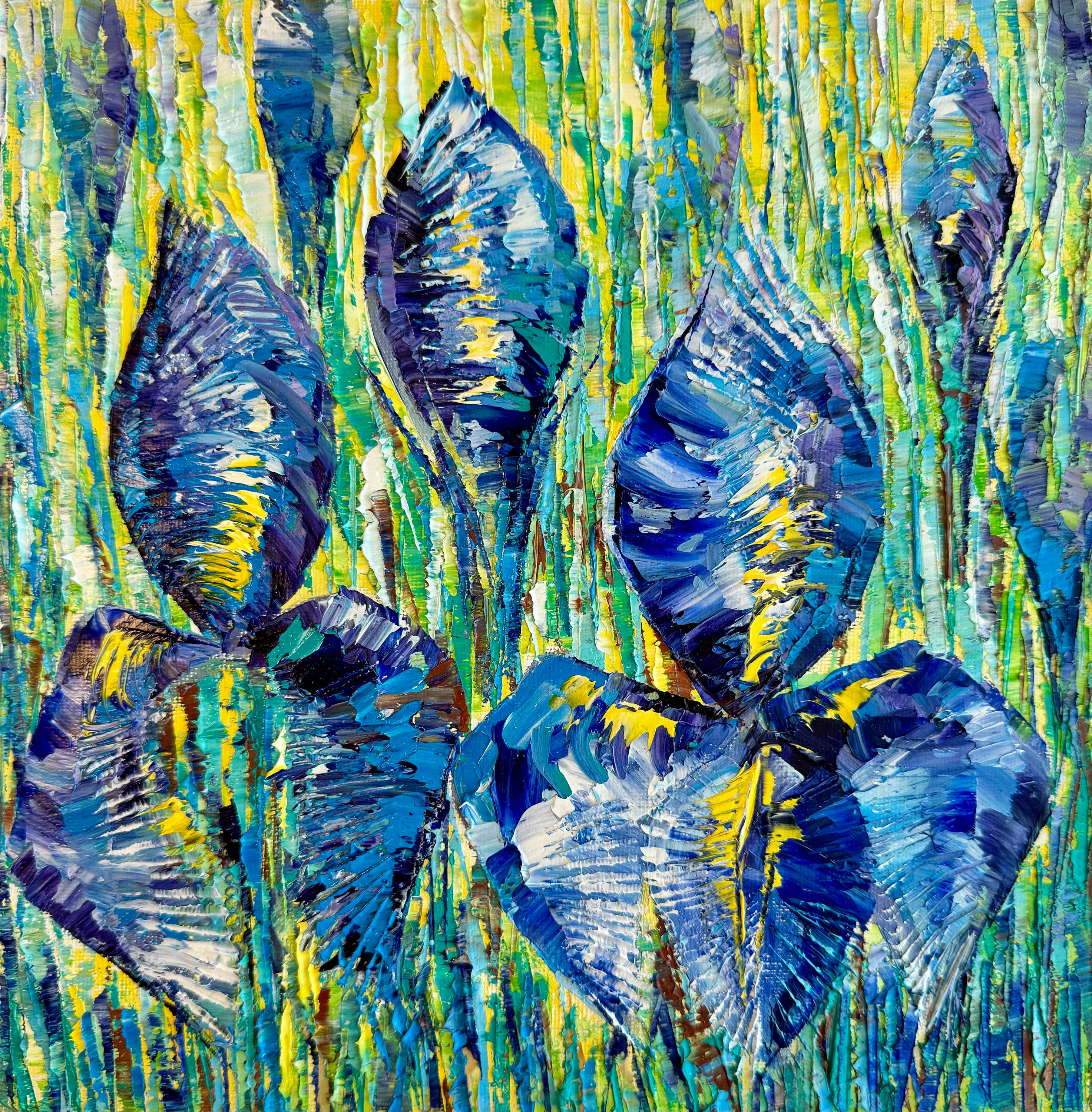 Iris Painting Original Impasto Oil Artwork 10”by 10” Blue Purple Irises ...