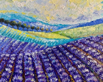 lavender fields painting, original oil painting, lavender painting, Provence landscape, Provence painting, Italian landscape, wall oil art