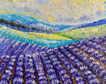 Pintura provenzal, obra de arte al óleo original, 10 x 10, pintura de campos de lavanda, pintura de lavanda, paisaje provenzal, paisaje italiano, arte mural al óleo.