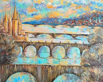 Peinture de Prague, peinture originale, ponts de Prague, paysage de Prague, grand tableau, paysage avec ponts, peinture de texture, vieille ville