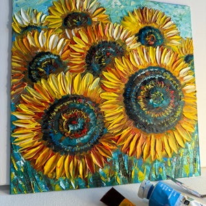 sunflowers painting, original painting, oil painting, painting with flowers, field with sunflowers, sunflowers in the field, small wall art image 6