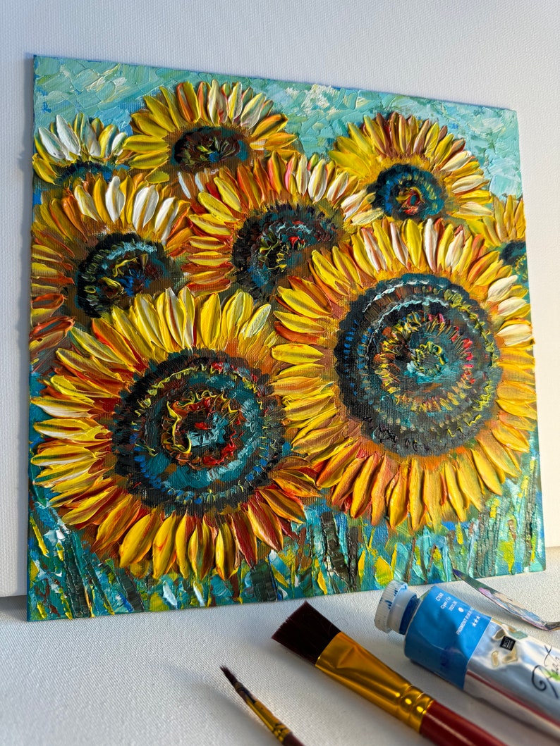 sunflowers painting, original painting, oil painting, painting with flowers, field with sunflowers, sunflowers in the field, small wall art image 6