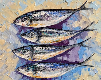 Original Sardines Oil Painting, Impasto Fish Art, Coastal Kitchen Wall Decor, Mediterranean Seafood Painting, Textured Contemporary Canvas