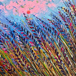 May include: A painting depicting a field of tall grass with purple and pink flowers. The sky is a light blue with a pink and orange sunset in the background.