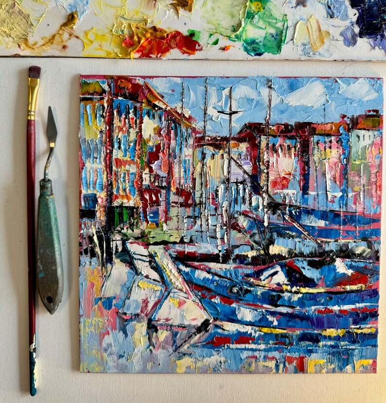 yacht painting, original oil painting, seaport painting, city landscape, oil painting, port with yachts, port city, Italian oil landscape image 5