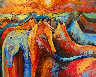 horses painting, original painting, herd of horses painting, horses in the night, painting with horses, large painting, wall art