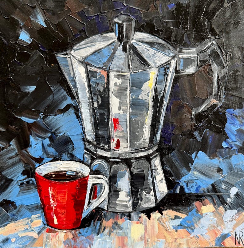 May include: A silver and black coffee pot with a red coffee cup on a blue and brown background.