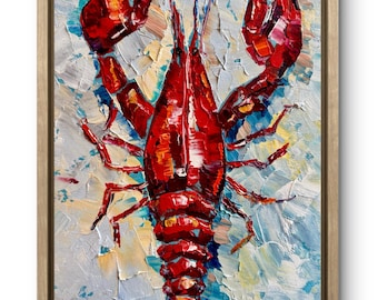 Lobster Original Oil Artwork Seafood Still Life Kitchen Painting Gift Wall Oil Home Decor Kitchen Wall Art