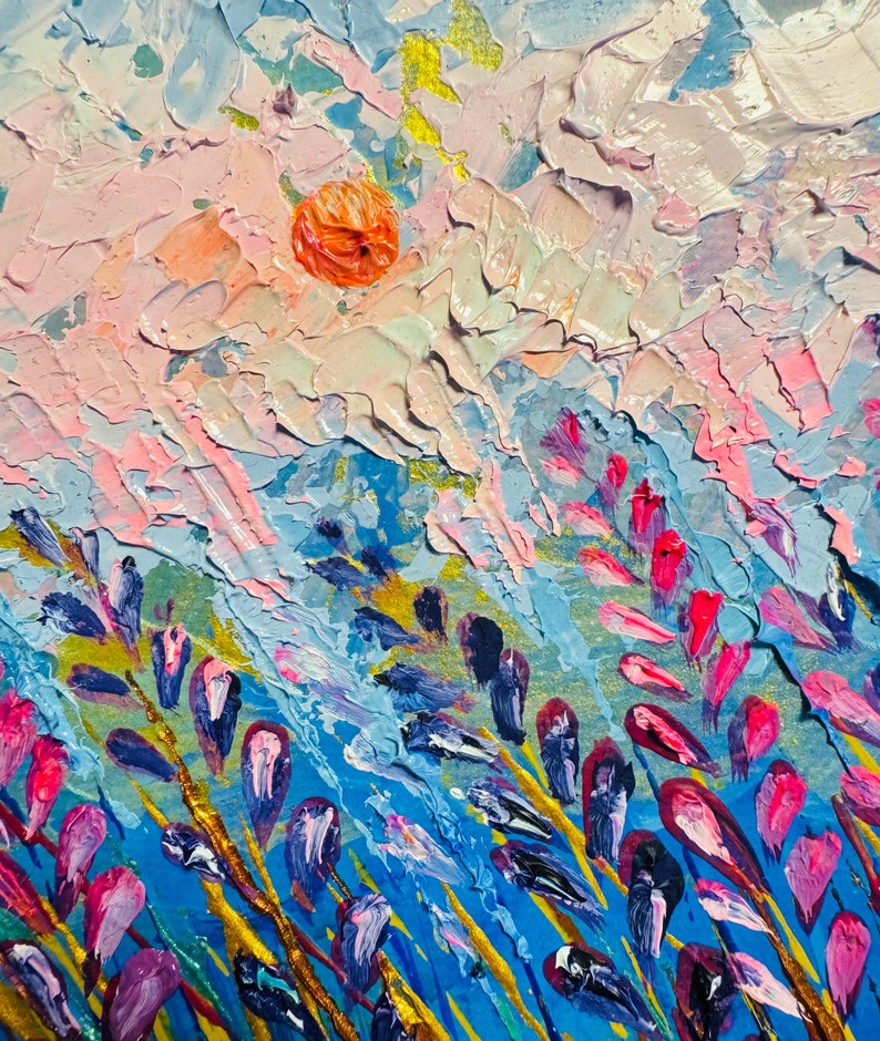 Original painting, Lavender field, oil and acrylic painting, anniversary gift, Provence painting, romantic artwork, sunrise, small wall art image 8