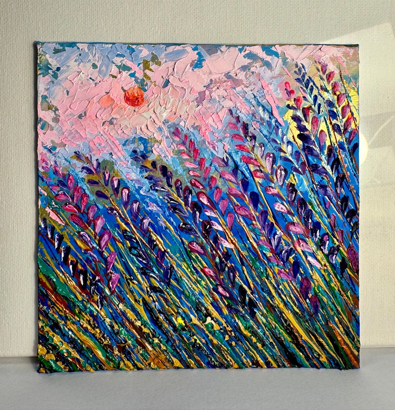 Original painting, Lavender field, oil and acrylic painting, anniversary gift, Provence painting, romantic artwork, sunrise, small wall art image 9
