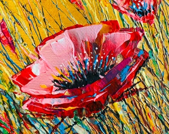 Champ de peinture de coquelicots, peinture originale, coquelicots de Californie, peinture de coquelicots, grand coquelicot rouge, peinture de fleurs, petite peinture murale