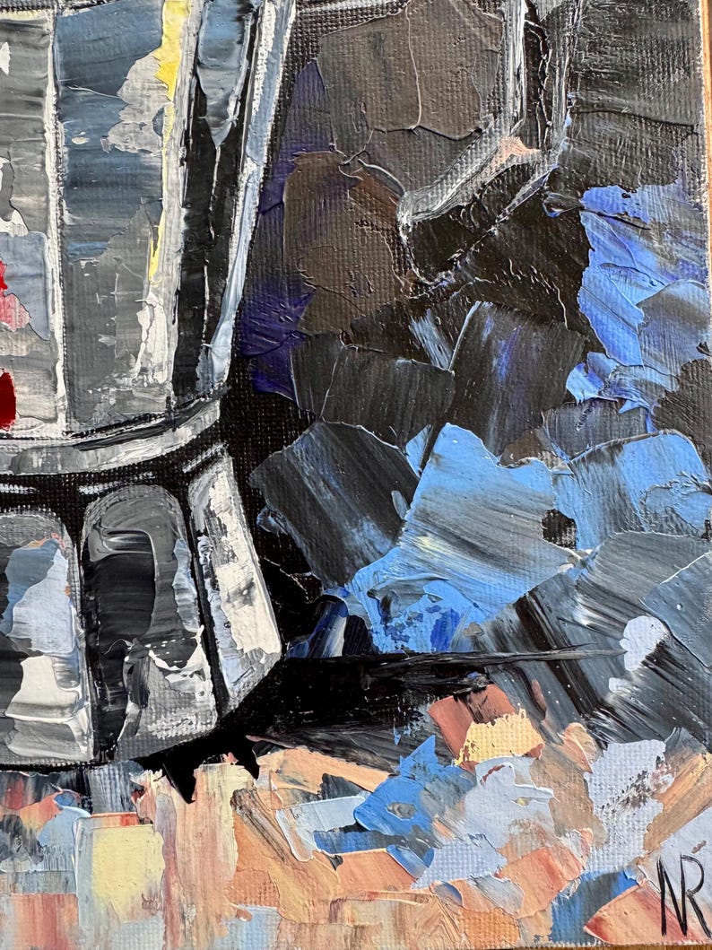 May include: A close-up of a painting of a glass carafe with a black handle. The carafe is on a table with a textured surface. The background is a dark blue and black abstract design.