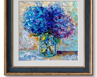 Hydrangea Painting Flower Original Art 10x10 Floral Impressionist Wall Art Chunky Small Oil Painting Impasto Blue Purple Artwork