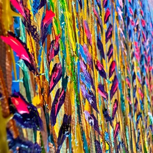 May include: Abstract painting with thick brushstrokes in shades of yellow, blue, pink, and purple. The painting features a textured surface and a vibrant colour palette.