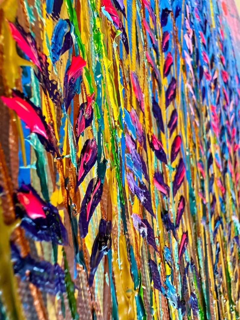 May include: Abstract painting with thick brushstrokes in shades of yellow, blue, pink, and purple. The painting features a textured surface and a vibrant colour palette.