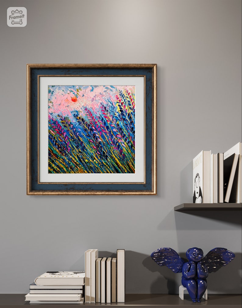 Original painting, Lavender field, oil and acrylic painting, anniversary gift, Provence painting, romantic artwork, sunrise, small wall art image 10