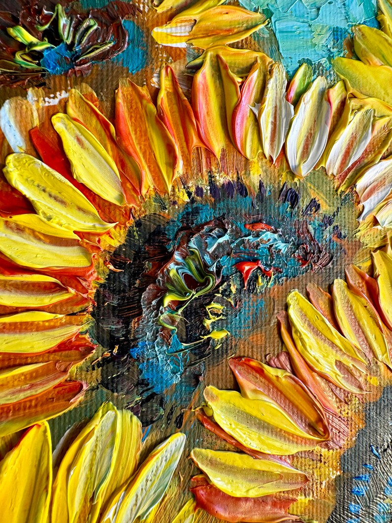 sunflowers painting, original painting, oil painting, painting with flowers, field with sunflowers, sunflowers in the field, small wall art image 3