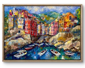 Cinque Terre Painting Original Oil Painting 28x20 Riomaggiore Italian Landscape Impasto Oil Wall Art