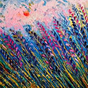 Original painting, Lavender field, oil and acrylic painting, anniversary gift, Provence painting, romantic artwork, sunrise, small wall art image 1