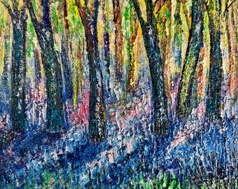 peinture forestière, peinture faite à la main, forêt printanière, pelouse de fleurs, forêt ensoleillée, paysage d’été, art mural, décoration intérieure, peinture d’arbre