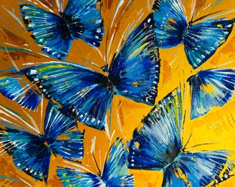 butterflies painting, original oil painting, blue butterflies, blue morphs, butterflies on a gold background, many butterflies, wall oil art