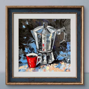 May include: A painting of a silver coffee pot and a red coffee cup on a table. The background is a dark blue and black abstract design.