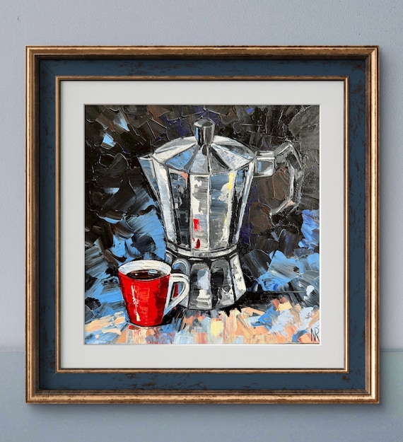 Italian Coffee Maker Original Oil Painting 10x10 Cup Coffee Impasto Still Life Morning Coffee Gift Oil Painting Wall Art
