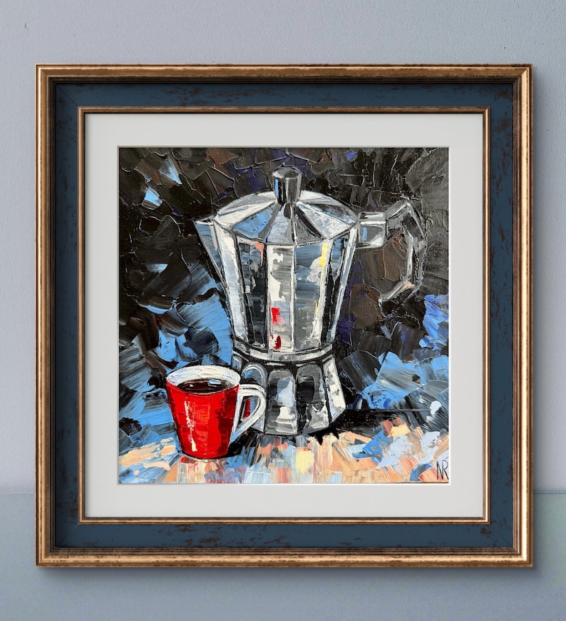 May include: A painting of a silver coffee pot and a red coffee cup on a table. The background is a dark blue and black abstract design.