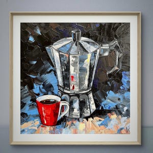 May include: A painting of a silver coffee pot and a red coffee cup on a blue and brown background. The coffee pot has a rounded top and a handle on the side. The coffee cup is sitting on a table in front of the coffee pot.