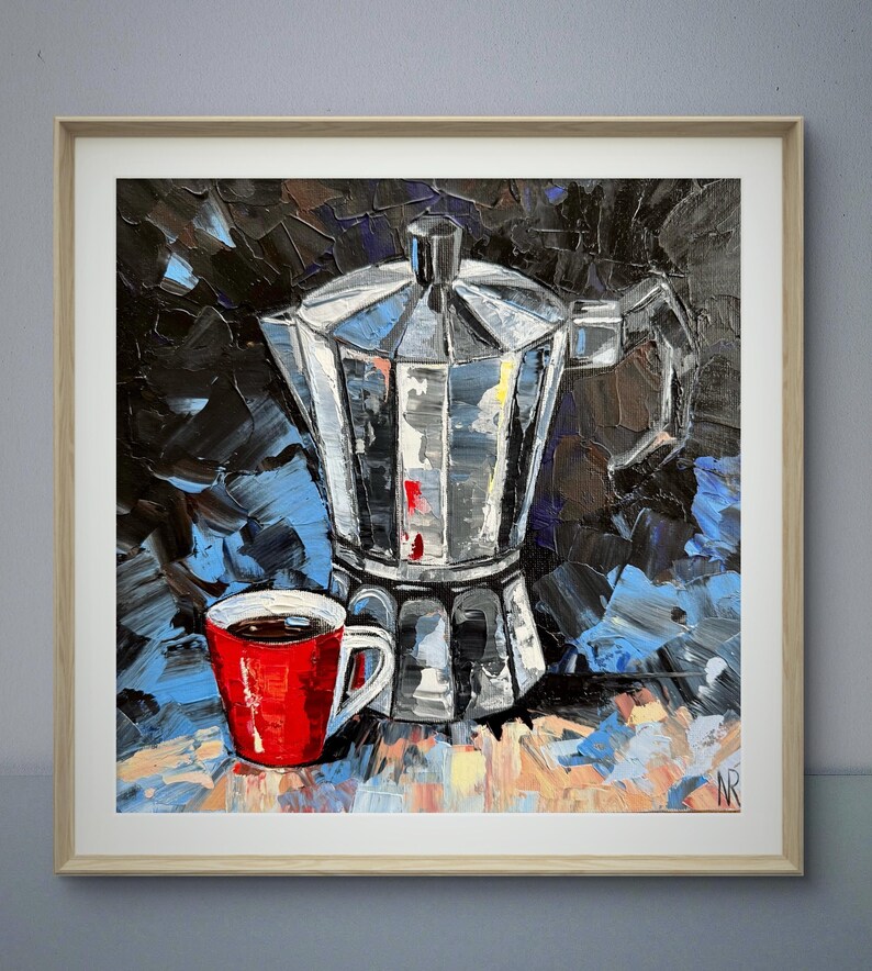 May include: A painting of a silver coffee pot and a red coffee cup on a blue and brown background. The coffee pot has a rounded top and a handle on the side. The coffee cup is sitting on a table in front of the coffee pot.