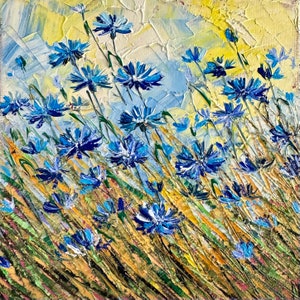 handmade painting, painting with cornflowers, field with cornflowers, painting with flowers, landscape with flowers, oil painting, 20/20 cm