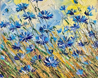 peinture faite à la main, tableau avec bleuets, champ de bleuets, tableau avec fleurs, paysage avec fleurs, peinture à l'huile, 20/20 cm