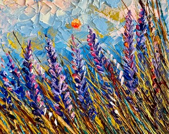 Original painting, Lavender field, oil and acrylic painting, anniversary gift, Provence painting, romantic artwork, sunrise, small wall art