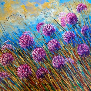 Pink Clover Painting Oil Artwork Flowers Painting Wildflowers Clover Field Impasto Handmade Art Landscape 10x10 Flowers Wall Art