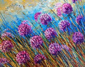 Pink Clover Painting Oil Artwork Flowers Painting Wildflowers Clover Field Impasto Handmade Art Landscape 10x10 Flowers Wall Art