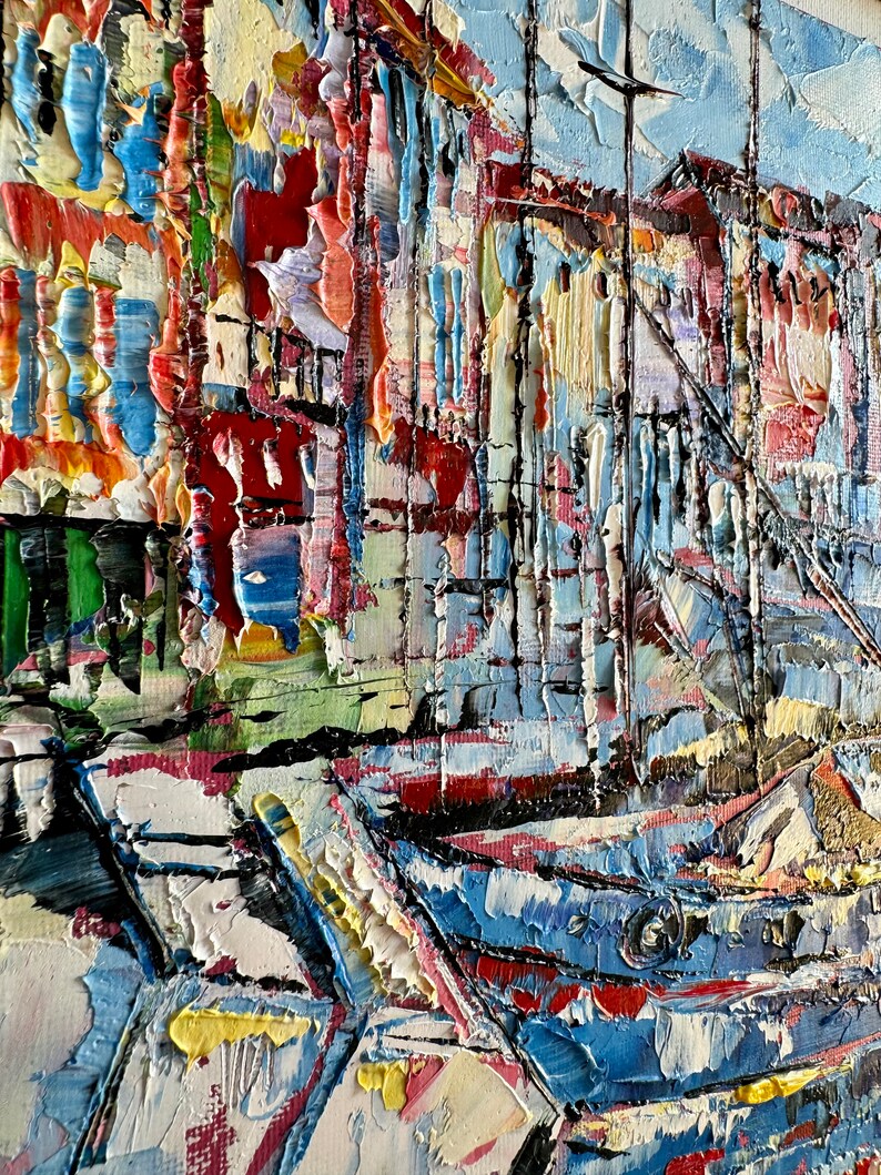 yacht painting, original oil painting, seaport painting, city landscape, oil painting, port with yachts, port city, Italian oil landscape image 10