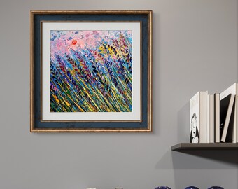 Dipinto originale, campo di lavanda, pittura ad olio e acrilica, regalo di anniversario, pittura della Provenza, opere d'arte romantiche, alba, piccola arte murale