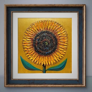 Tournesol Peinture texturée originale 10x10 Tournesol dans le champ Fleurs Œuvre d'art Peinture lumineuse Cadeau unique Grand tournesol Art mural 3D