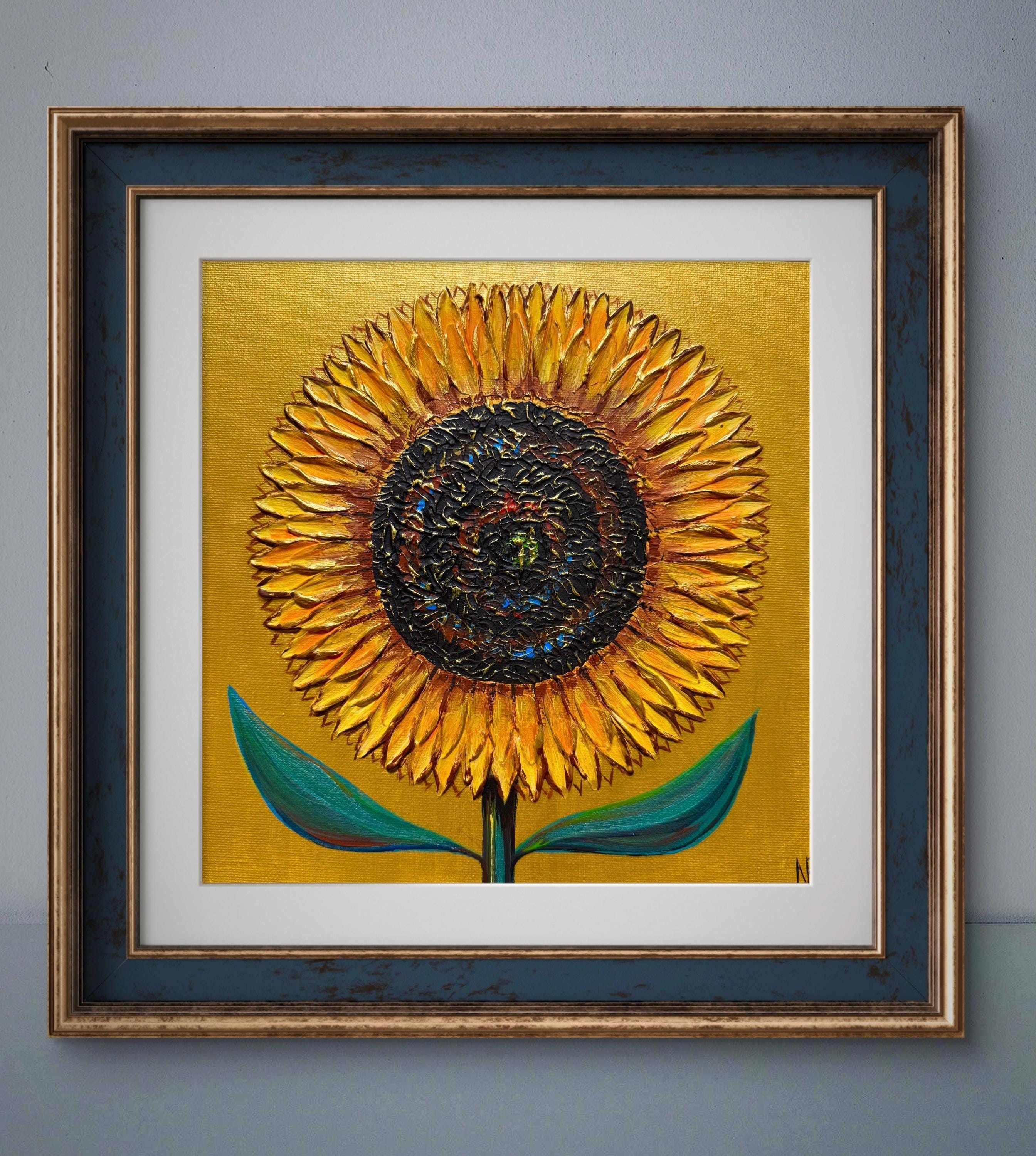 ひまわりのオリジナルテクスチャ絵画 10x10 野原のひまわり 花のアート
