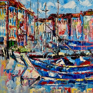 yacht painting, original oil painting, seaport painting, city landscape, oil painting, port with yachts, port city, Italian oil landscape image 1
